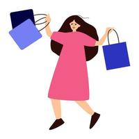 mujer feliz con compras. hombre y mujer con bolsas. gran venta. ilustración vectorial de un diseño plano vector