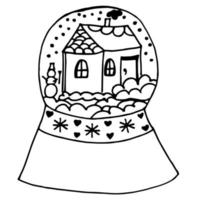 Vector illustration of a outline in a modern flat style of a glass snow globe with a winter landscape and a snowman