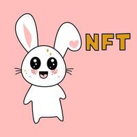 Cute funny kawaii funny rabbit and nft inscription. Vector flat illustration of a character icon.