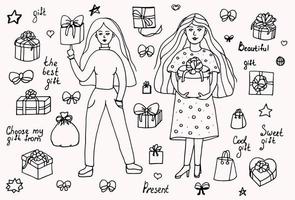 Happy young women are holding a gift cardboard box or parcel. Set of illustrations of vector design in handmade style