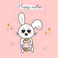 linda tarjeta de felicitación de pascua conejito de pascua en estilo de dibujos animados vector kawaii con huevo