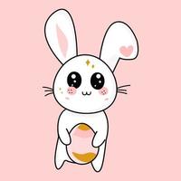 conejito de Pascua en estilo de dibujos animados vector kawaii con huevo