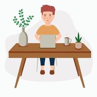 Man in casual outfit sitting home in comfortable armchair and browsing or working on laptop at his laps. Flat style color modern vector illustration