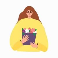 hermosa mujer sostiene un ramo de flores de primavera en sus manos vector