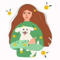 The girl is holding a dog in her arms. Friendship of a woman and a dog. Charming pet. Animal protection. Youth fashion. Dog with his owner. To love animals. Print for poster, postcard, clothing vector