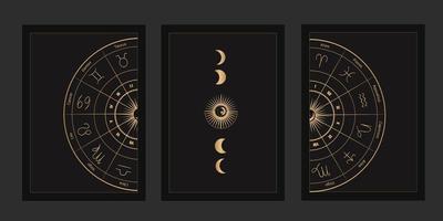 a set of mystical templates for tarot cards, banners, leaflets, posters, brochures, stickers. Hand-drawn.. The silhouette of the zodiac map, stars, moon and sun phases. vector