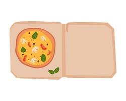 Vector illustration of a hand-drawn vegetarian pizza with cheese, mushrooms, tomatoes and basil in a box on a white background