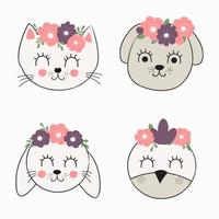 Set of different cute cartoon pets, with flowers on their heads. vector