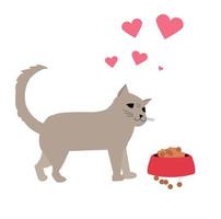 Cute striped kitten near the cat's food bowl vector