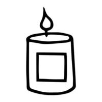 Burning aroma candle in a jar isolated on white background. Vector hand-drawn illustration in doodle style. Aromatherapy, relaxation design element. Suitable for cards, logo, decorations.