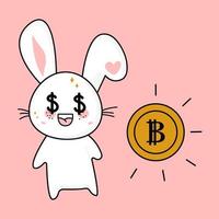 Cute funny kawaii surprised rabbit and bitcoin, mascot. Vector flat illustration of a character icon.