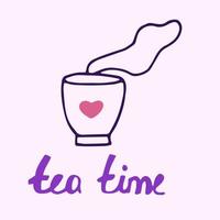 cita de la hora del té. logotipo vectorial dibujado a mano con tipografía de letras sobre fondo blanco. ilustración con eslogan para impresión, pancarta, volante, afiche, pegatina vector