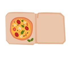 ilustración vectorial de una pizza vegetariana hecha a mano con queso, champiñones, tomates y albahaca en una caja de fondo blanco vector