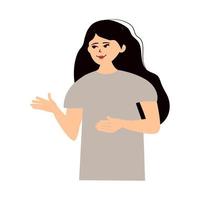 Icon of a woman pointing her finger at something. Simple vector illustration on transparent background. The faceless girl presents an object with a pointing gesture. Flat style. A full-length figure.