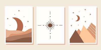Abstract modern aesthetic background, desert mountain landscape with sun and moon. Neutral color tones. Boho-style wall decor. Vector