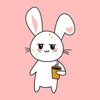 Cute tired kawaii little bunny with a cup of coffee in his hand. Vector flat illustration of a character icon from the kawaii cartoon.