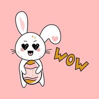 conejo emocional de pascua en estilo de caricatura vectorial kawaii con un huevo y la inscripción wow, ilustración vectorial vector