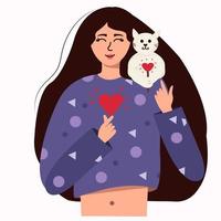 mujer con un gato y un corazón. ilustración vectorial con el concepto de amor por los animales. vector