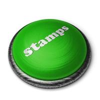 palabra de sellos en el botón verde aislado en blanco foto