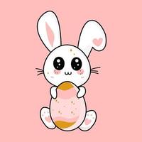 conejito de Pascua en estilo de dibujos animados vector kawaii con huevo