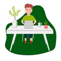 Man in casual outfit sitting home in comfortable armchair and browsing or working on laptop at his laps. Flat style color modern vector illustration