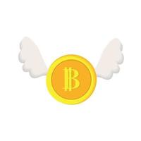 Golden bitcoin coin with wings. vector