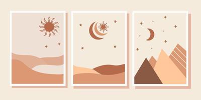 Abstract modern aesthetic background, desert mountain landscape with sun and moon. Neutral color tones. Boho-style wall decor. Vector