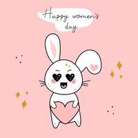 feliz día de la mujer. Cute dibujos animados kawaii personaje conejo, tarjeta de cumpleaños, saludo en el texto vector