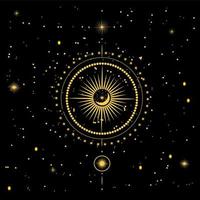 Vector illustration of the twelve zodiac constellations. Horoscope circle, astrology map on the background of the starry night sky in gold color.