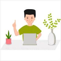 Man in casual outfit sitting home in comfortable armchair and browsing or working on laptop at his laps. Flat style color modern vector illustration