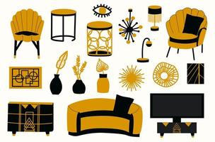 The interior of the living room is art deco. Set of furniture, illustration of isolated elements vector