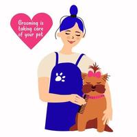 woman combs a dog. Grooming dogs. Dog care. Vector illustration