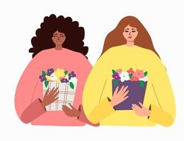 día Internacional de la Mujer. ilustración vectorial con mujeres de diferentes nacionalidades y culturas con ramos de flores. ilustración vectorial vector