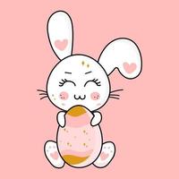 conejito de Pascua en estilo de dibujos animados vector kawaii con huevo