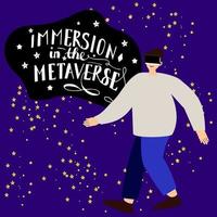 el hombre usó gafas para la realidad virtual en línea en la ilustración de diseño de línea plana de vector de pictograma de estilo de dibujo a mano de metaverso profundo. inmersión en el metaverso