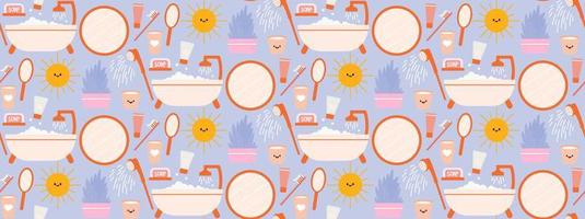 Seamless repeating bathroom pattern with shower and personal care items. Morning and evening routine. Vector illustration.