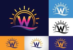 Initial W monogram alphabet with abstract sun and wave. Ocean sun logo design. Font emblem vector