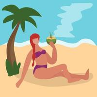 Girl in a swimsuit on the beach under a palm tree. vector