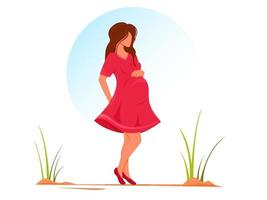 Young pregnant woman in red flowing dress is walking. Concept of vector illustration of happy pregnancy