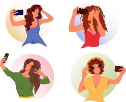 beautiful girls taking selfie on smartphone camera. selfie photo poses and gestures. Set of vector illustration