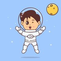 Cute Little Astronaut floating in space to the moon. Space technology Vector Illustration