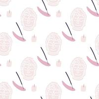 Seamless pattern with llustration a buddha symbol, incense stick and candle in light pink shades on a white background For yoga atmosphere and spa Vector