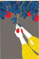 Vector illustration. Flat style. Limited color palette. Postcard format. Vertical. Girl picking up red oranges from tree. Tree branches. Blue leaves.  Red fruits. Girl in yellow dress.
