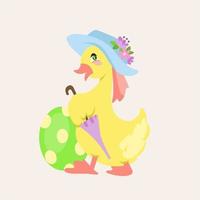 Vector illustration of Easter duck in hat with flowers. Easter decorated egg. Adorable Easter symbol. Full color. Isolated