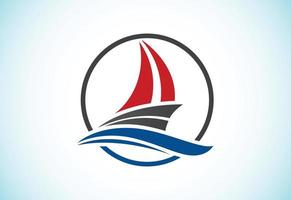 plantilla de diseño de logotipo de barco, crucero o barco, símbolo de signo de icono de yate con ilustración de vector de olas oceánicas