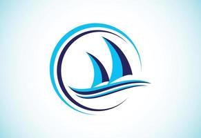 plantilla de diseño de logotipo de barco, crucero o barco, símbolo de signo de icono de yate con ilustración de vector de olas oceánicas