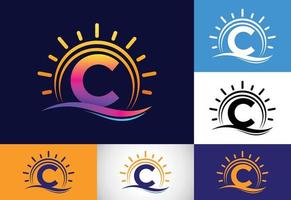 Initial C monogram alphabet with abstract sun and wave. Ocean sun logo design. Font emblem vector