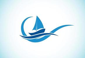 plantilla de diseño de logotipo de barco, crucero o barco, símbolo de signo de icono de yate con ilustración de vector de olas oceánicas