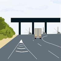 Checkpoint of collection on autobahn and toll road . Car and roadside point. Highway toll area with transport. Vector stock illustration isolated on a white background.