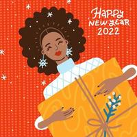 retrato de moda dibujado a mano de una mujer afroamericana sosteniendo una gran caja de regalo en las manos. celebración de vacaciones de navidad y año nuevo. dama negra feliz con peinado afro. sorpresa de navidad vector